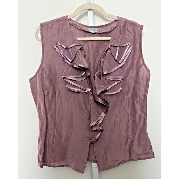 Vintage Sleeveless Silk Linen Button Up Ruffle Blouse Y2K XL Coquette Fairy Pink - Picture 1 of 8